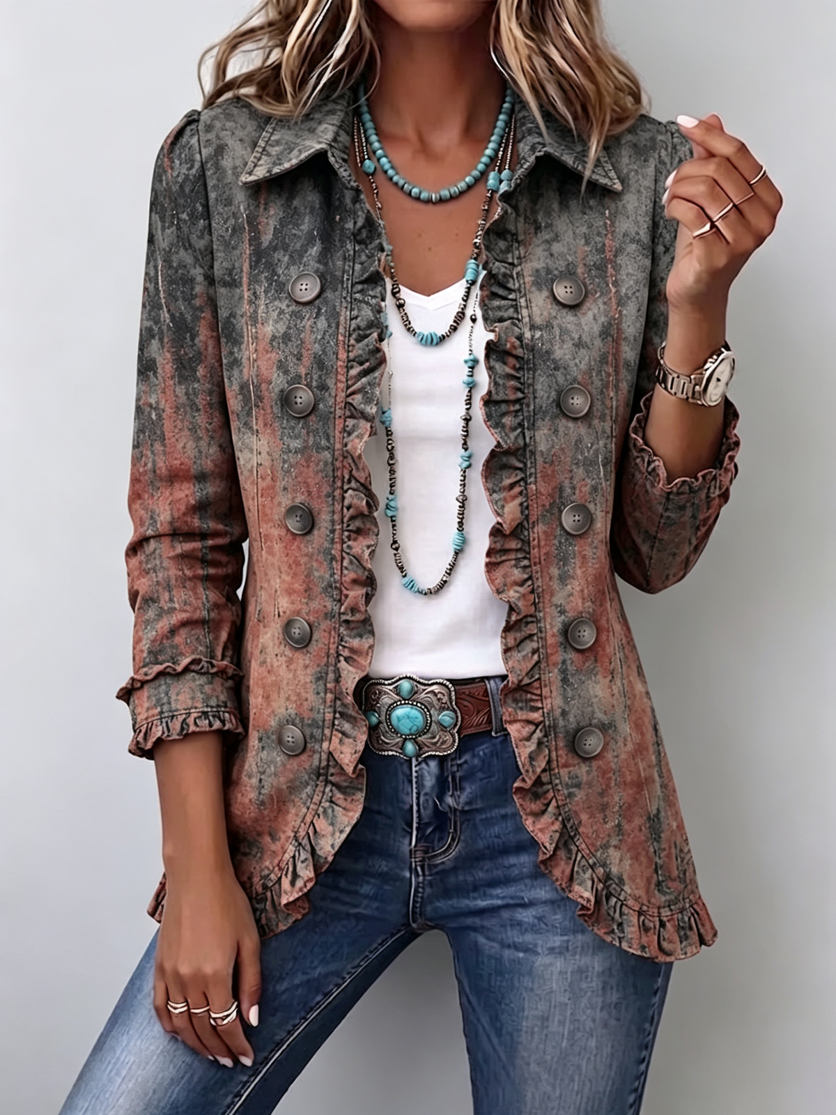 Benita | Chaqueta Texturizada con Efecto Degradado y Volantes para Mujer