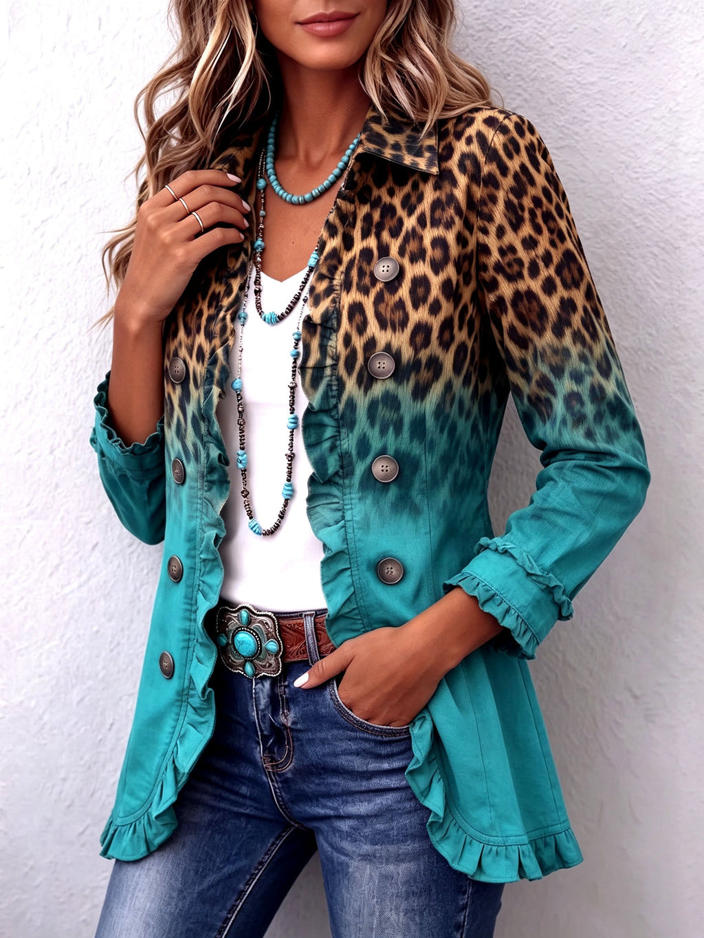 Mercedes | Blazer para Mujer con Estampado de Leopardo Degradado y Volantes