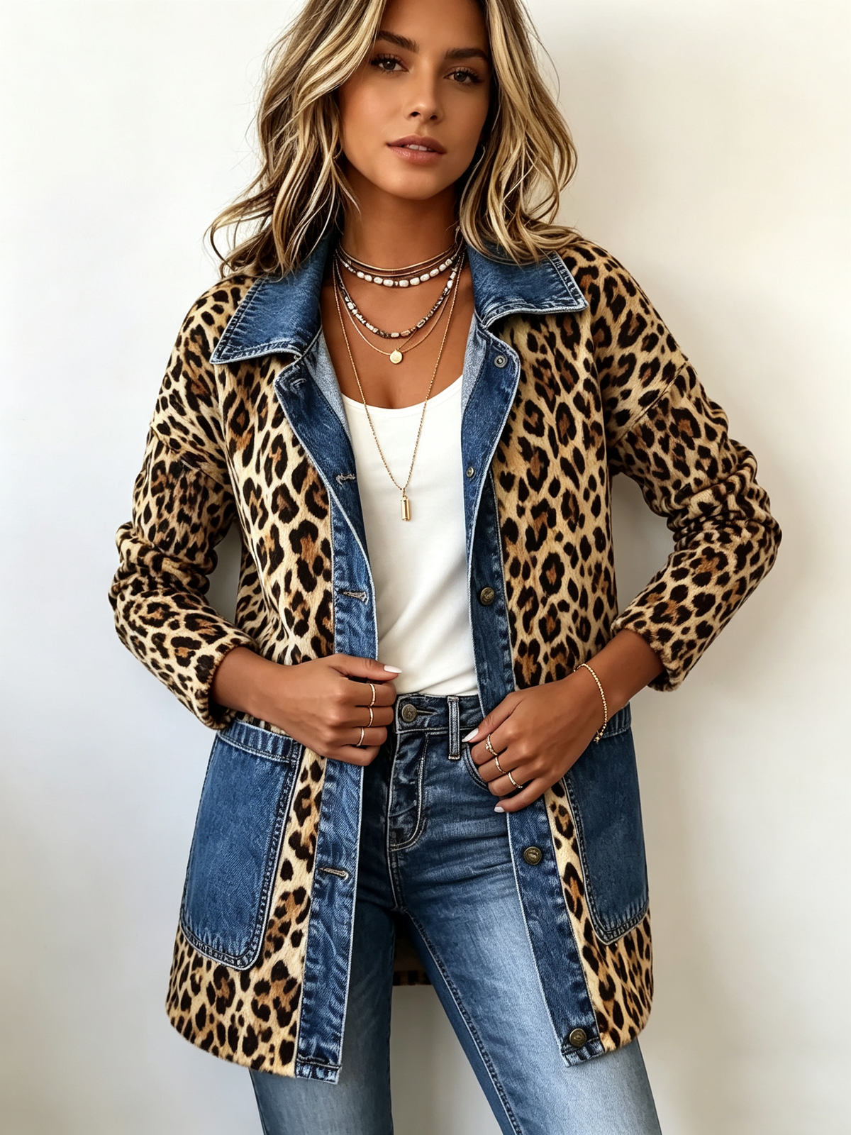Lorena | Chaqueta Larga para mujer de leopardo y mezclilla