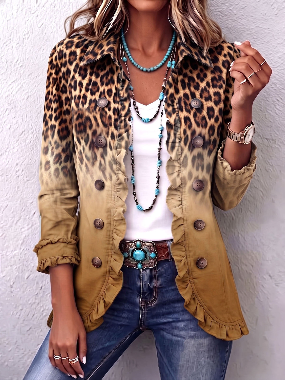 Mercedes | Blazer para Mujer con Estampado de Leopardo Degradado y Volantes