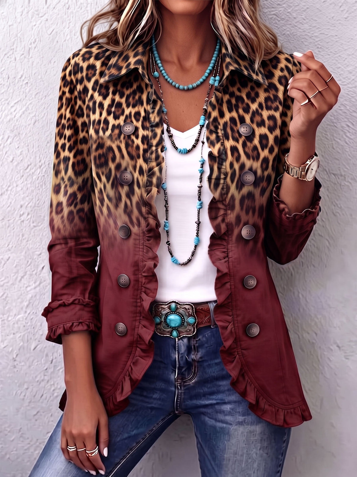Tomasa | Blazer Burdeos con Estampado de Leopardo y Volantes para Mujer